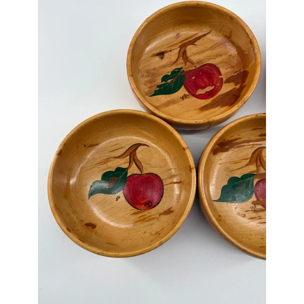 Vintage Hand Painted Wooden Bowls Set of 5 Red Apple Artisan Americana 5 Inch